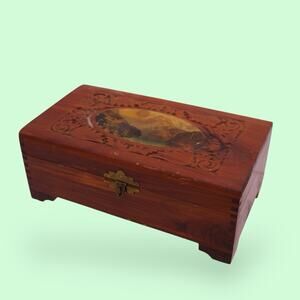 Carved Wood Jewelry Box Wooden Chest Mountain River Scene VTG